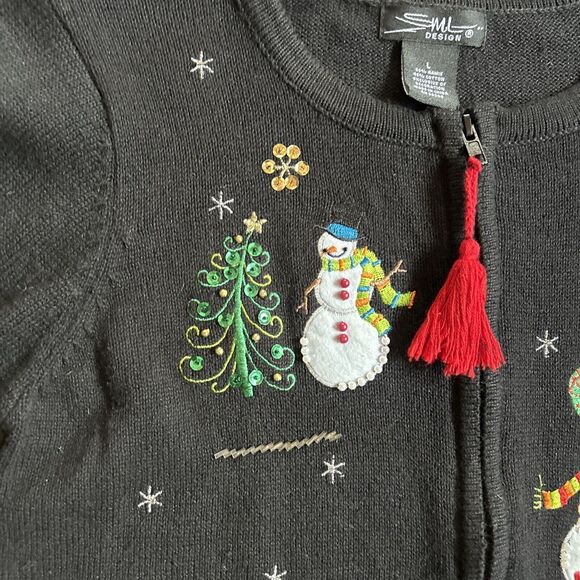 Vtg ML Design Sweater Size L Black Christmas Cardigan Winter Snowman Zip - Picture 2 of 7